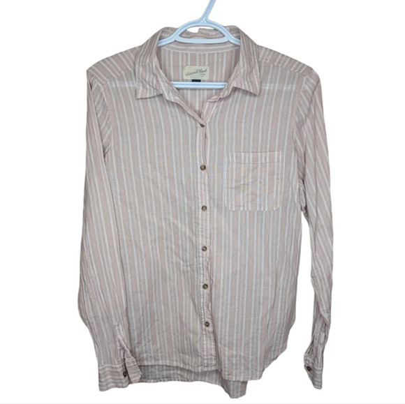 Universal Thread Pink Strip Button Down Collared Blouse Shirt Woman M  - Stain - Picture 1 of 9